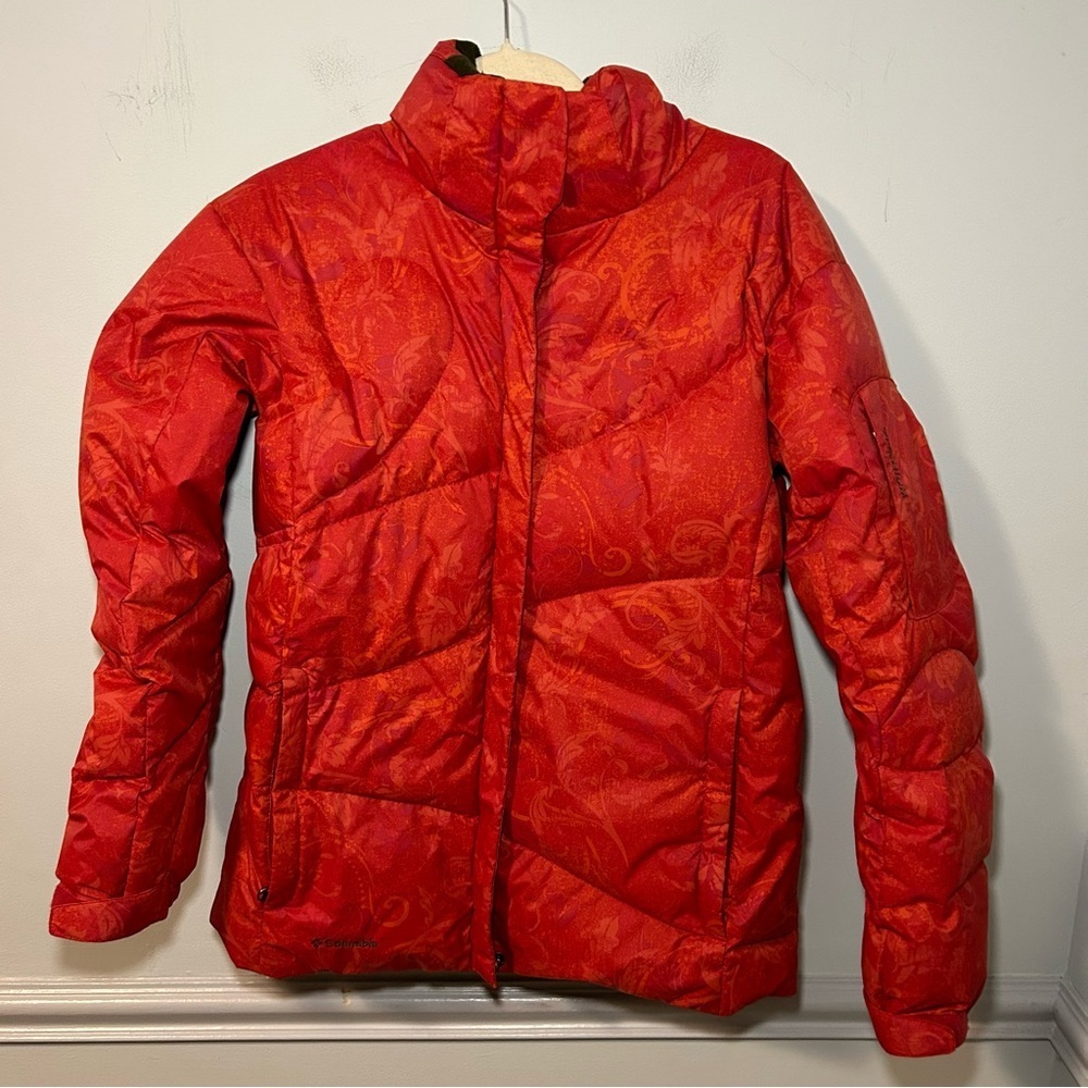 Columbia Red & Orange Floral 550 Down Puffer Coat Size Large Women’s